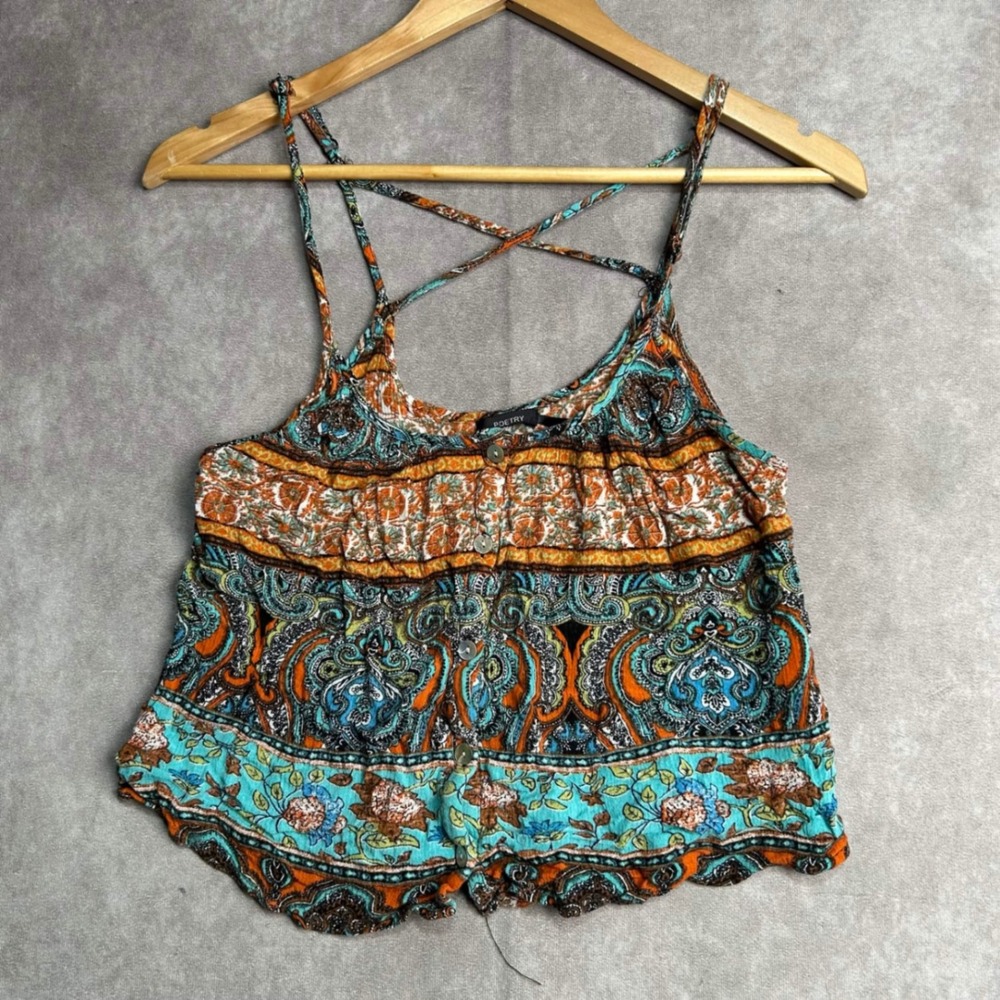 Poetry Womens Paisley Floral Boho Button Front Cropped Cami Tank Top Orange S